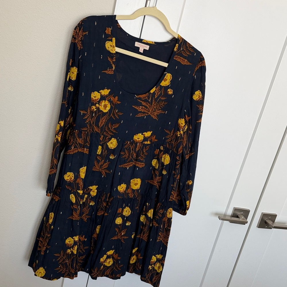 NWOT Pink chicken Floral Navy Dress with Yellow and Brown Accents